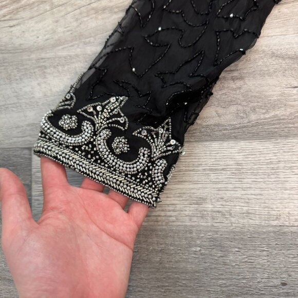 Black 100% silk beaded formal jacket silver beading lined size small K11 - Picture 4 of 7